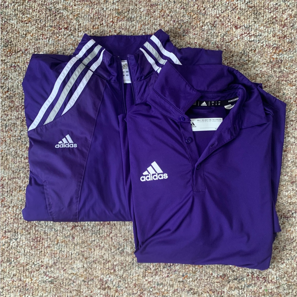 Purple ADIDAS polo and windbreaker jacket
